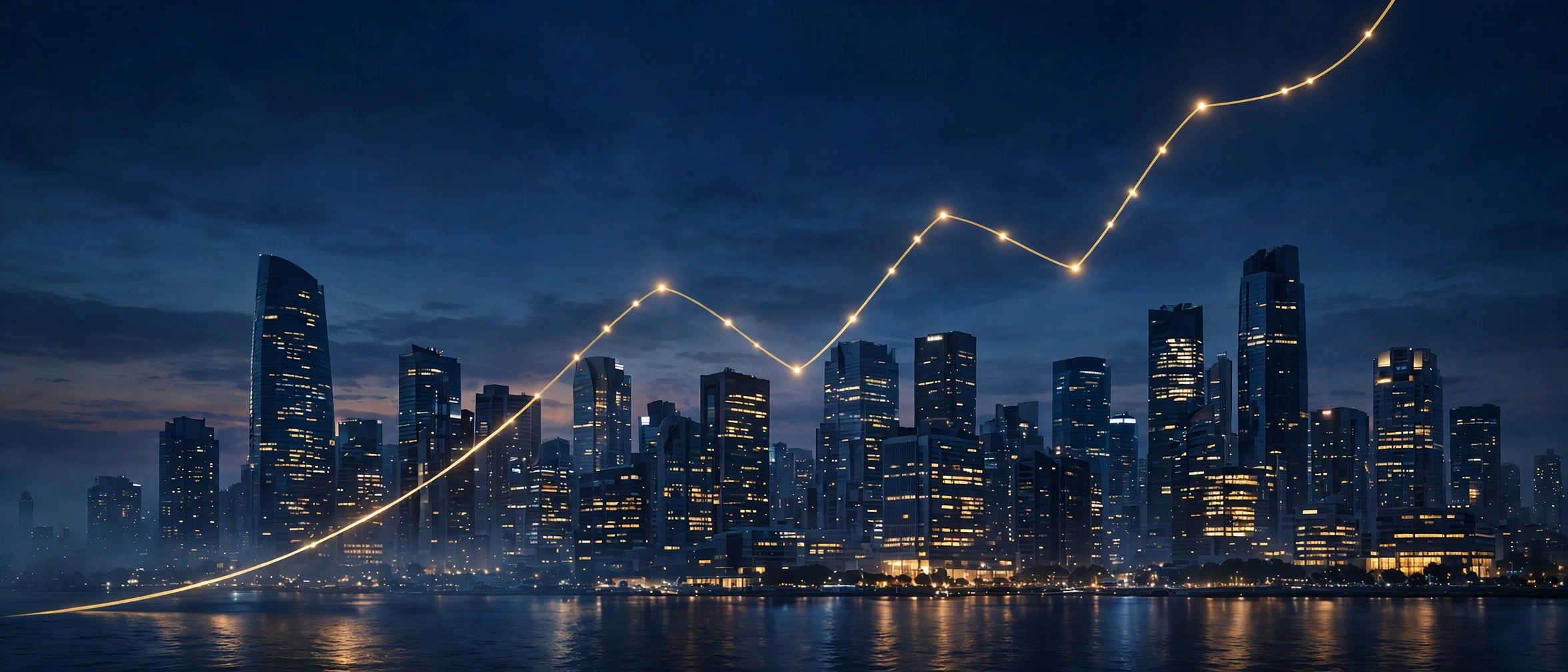 City skyline at night with a rising gold growth line