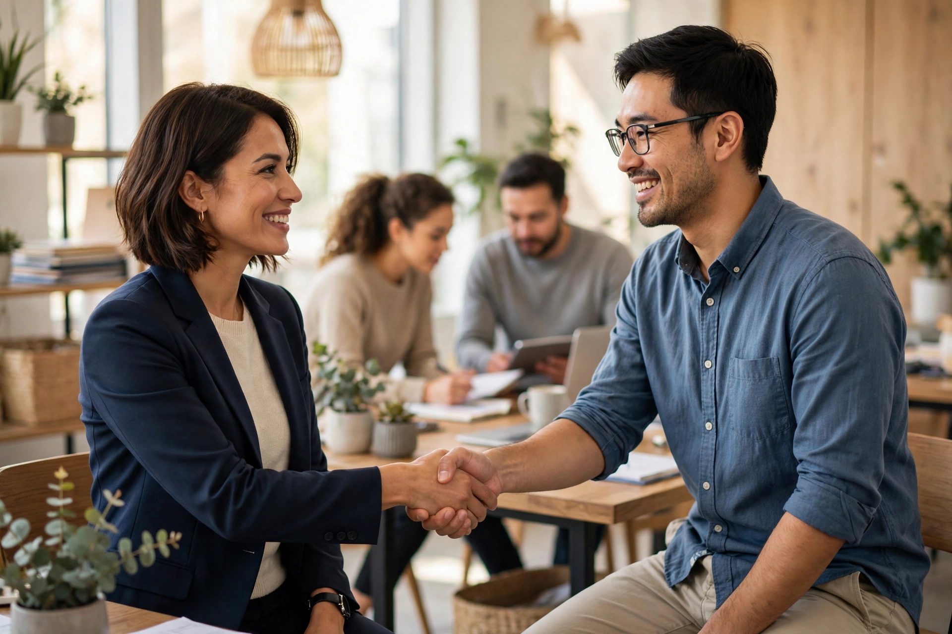 HR consultant shaking hands with a business owner in a bright office, representing fractional HR support
